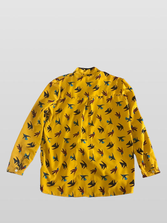 Mustard Yellow Bird Print Button Blouse