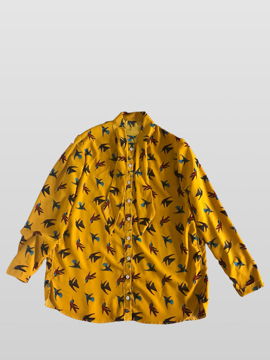 Mustard Yellow Bird Print Button Blouse